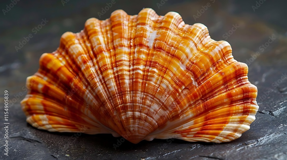 Close-up of a vibrant orange and white seashell with intricate ribbed texture, resting on a dark gray surface. Close-up of a vibrant orange and white seashell with intricate ribbed texture, resting on a dark gray surface.