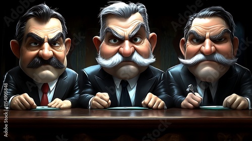 Three stern-faced men in suits at a table.