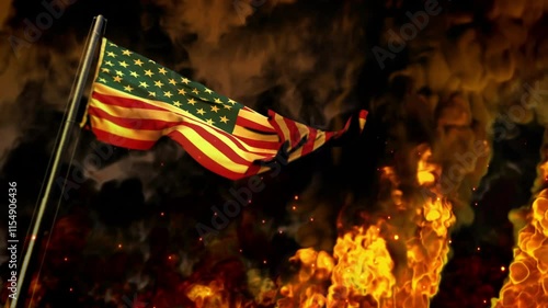 waving USA flag on burning fire backdrop - catastrophe concept