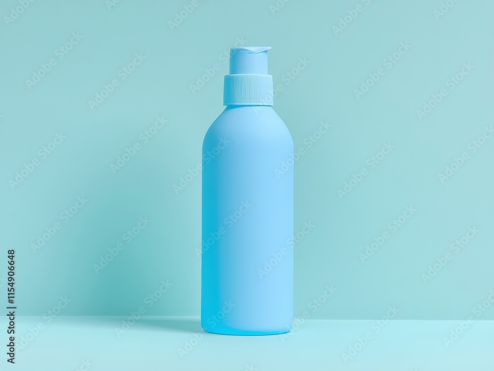 Light blue plastic bottle with pump dispenser on a pastel blue background. Light blue plastic bottle with pump dispenser on a pastel blue background.