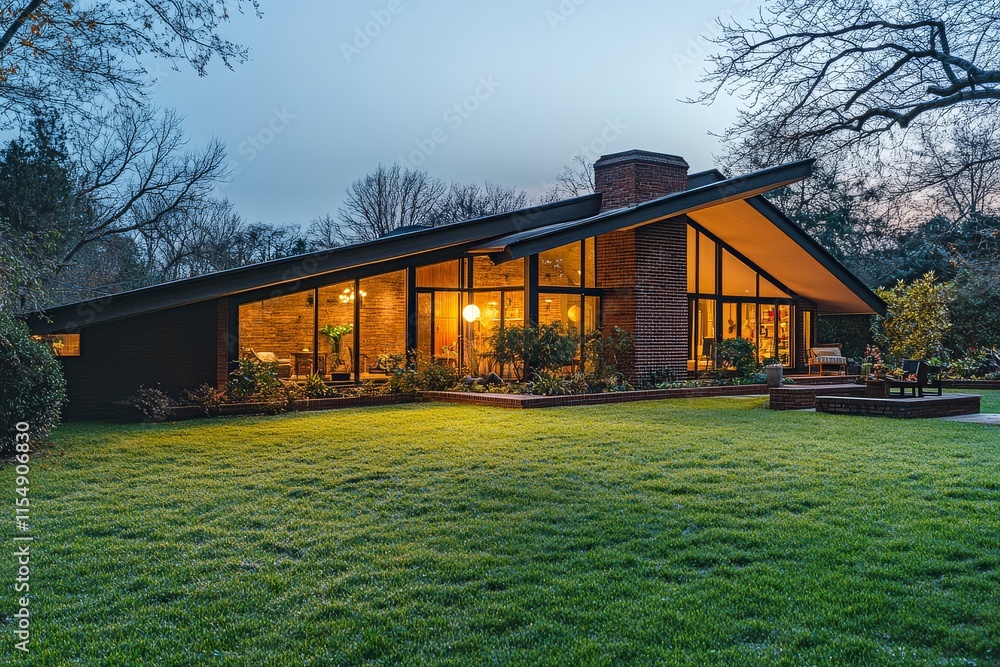Modernist house with stylized gable roofs, brick structure, and glowing glass windows on a green lawn in New England at dusk, with a cozy backyard seating area. Modernist house with stylized gable roofs, brick structure, and glowing glass windows on a green lawn in New England at dusk, with a cozy backyard seating area.