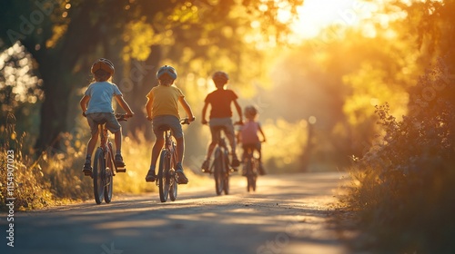 Children Riding Bicycles on a Sunlit Pathway at Sunset