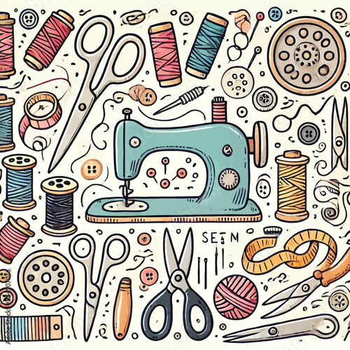 sewing tools doodle set illustration