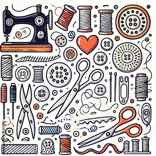 sewing tools doodle set illustration