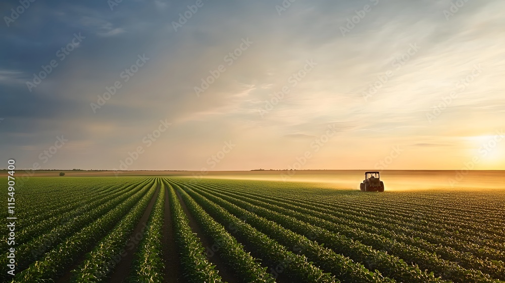 Obraz premium Tractor spraying soybean field in sunset