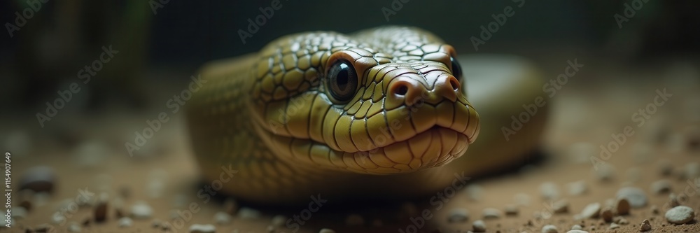 Close-up portrait of a calm and curious golden serpent with captivating eyes resting peacefully on a sandy terrain Close-up portrait of a calm and curious golden serpent with captivating eyes resting peacefully on a sandy terrain