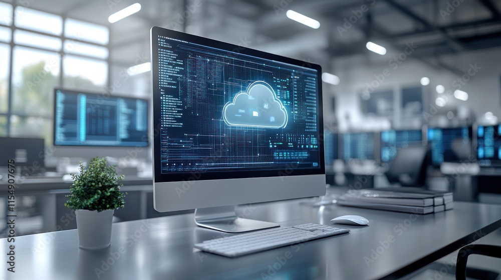 Fototapeta premium Computer displaying cloud technology interface.