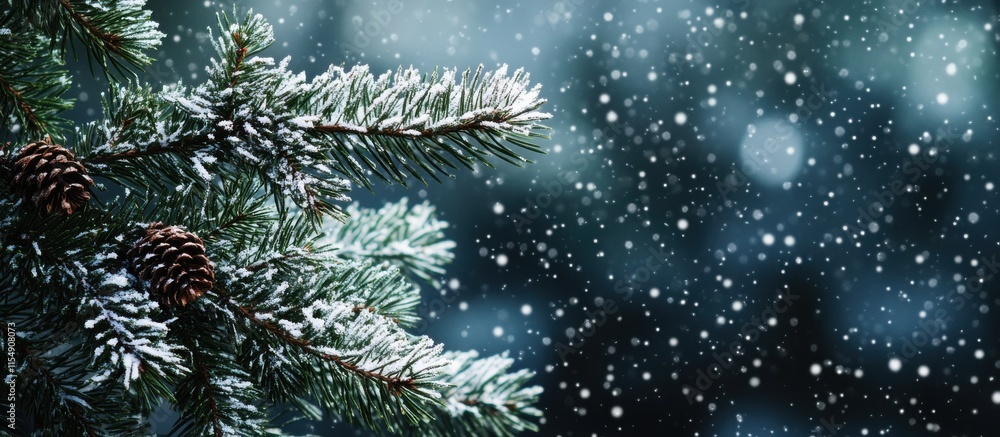 Close-Up View of Pine Branch with Snow and Cones Under Soft Falling Snowflakes Creating a Serene Winter Landscape Atmosphere in Nature Close-Up View of Pine Branch with Snow and Cones Under Soft Falling Snowflakes Creating a Serene Winter Landscape Atmosphere in Nature