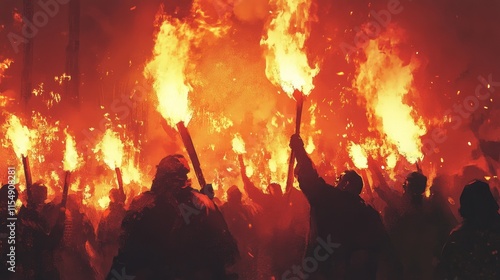 A fiery protest scene with angry crowds holding torches, their faces illuminated by the flames.