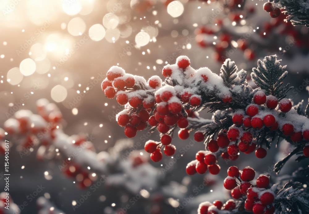 Close-Up View of Snow-Covered Red Berries on a Frosty Branch with Soft Glowing Lights Creating a Magical Winter Atmosphere and Sparkling Snowfall Close-Up View of Snow-Covered Red Berries on a Frosty Branch with Soft Glowing Lights Creating a Magical Winter Atmosphere and Sparkling Snowfall