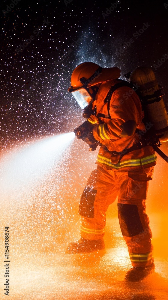 Fototapeta premium A man as a firefighter in gear spraying water on a fire during training.