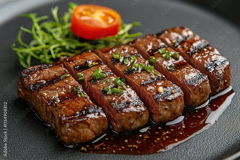 Grilled beef steak with herb and spices. Portion of fried meat cuts with rosemary, garlic, olive oil and ketchup sauce Grilled beef steak with herb and spices. Portion of fried meat cuts with rosemary, garlic, olive oil and ketchup sauce