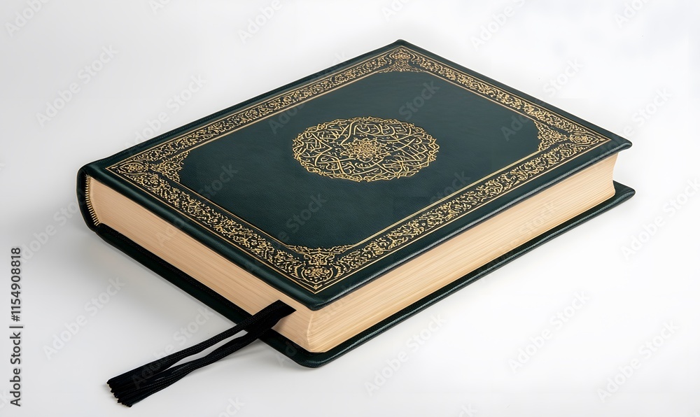 Closed dark-green holy book with gold designs on a white background. Closed dark-green holy book with gold designs on a white background.