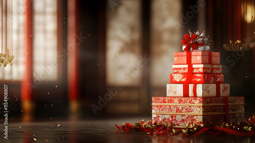 festive display of stacked red gift boxes adorned with ribbons and decorations, creating joyful atmosphere
