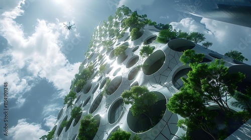 Futuristic eco-friendly skyscraper with integrated greenery and helicopter.