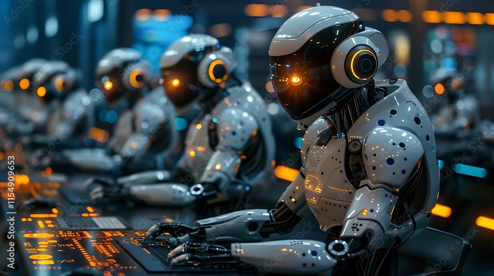 Futuristic robots working on computer consoles in a high-tech facility. Futuristic robots working on computer consoles in a high-tech facility.