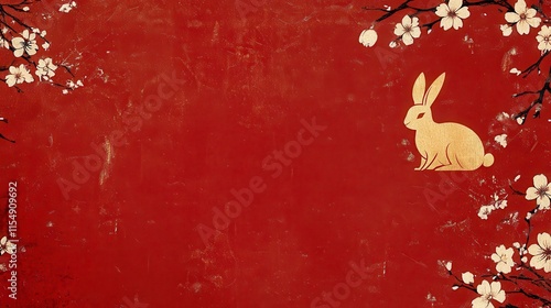 A cute cartoon bunny illustration against a red and pink painted wall, perfect for Easter holiday card design photo