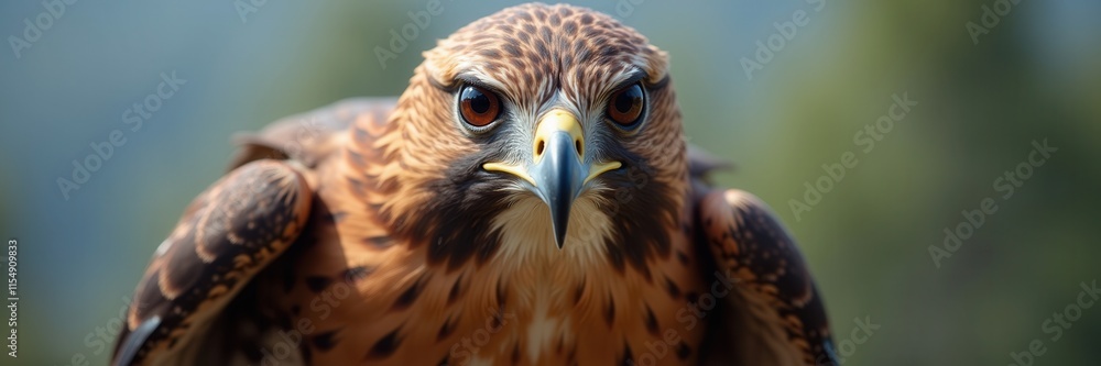 Fototapeta premium Intense Gaze of a Majestic Hawk Showing Off Its Fierce Brown Feathers and Sharp Yellow Beak A Hunter in the Wild