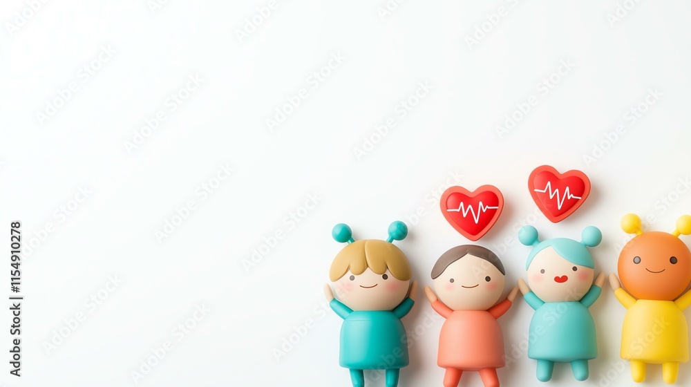 Playful figurines with heart symbols promoting health and wellness for children. Playful figurines with heart symbols promoting health and wellness for children.