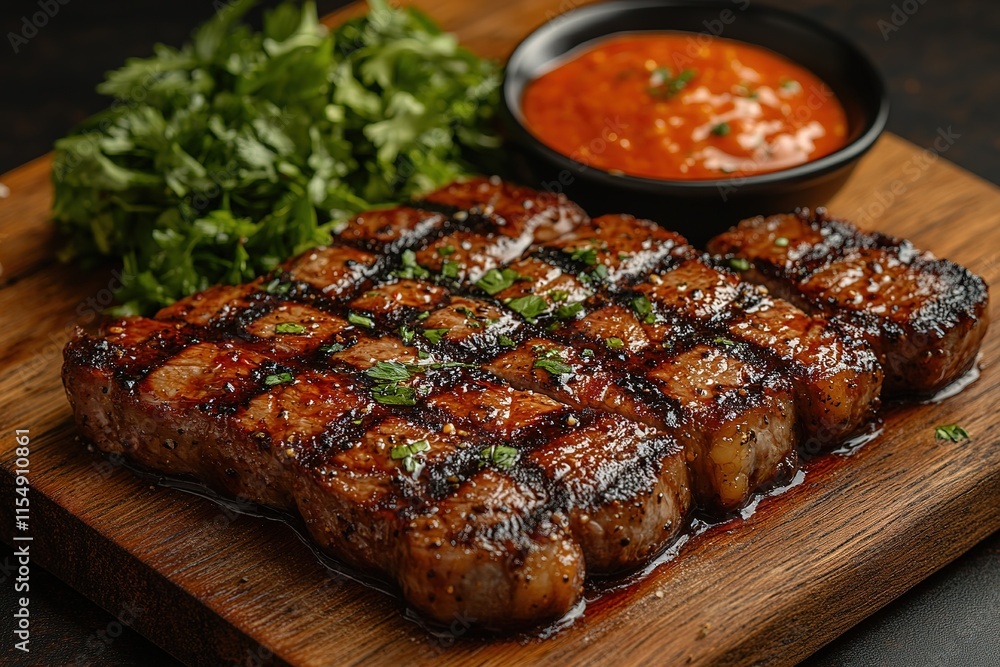 Grilled beef steak with herb and spices. Portion of fried meat cuts with rosemary, garlic, olive oil and ketchup sauce Grilled beef steak with herb and spices. Portion of fried meat cuts with rosemary, garlic, olive oil and ketchup sauce