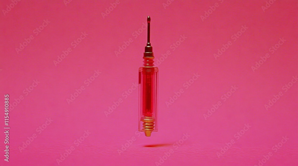 A levitating syringe filled with red liquid against a vibrant pink background. A levitating syringe filled with red liquid against a vibrant pink background.