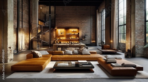 Wallpaper Mural Spacious loft apartment with leather sectional sofa, exposed brick walls, and large windows. Torontodigital.ca