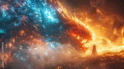 Fiery and icy dragon clashing over a burning landscape.