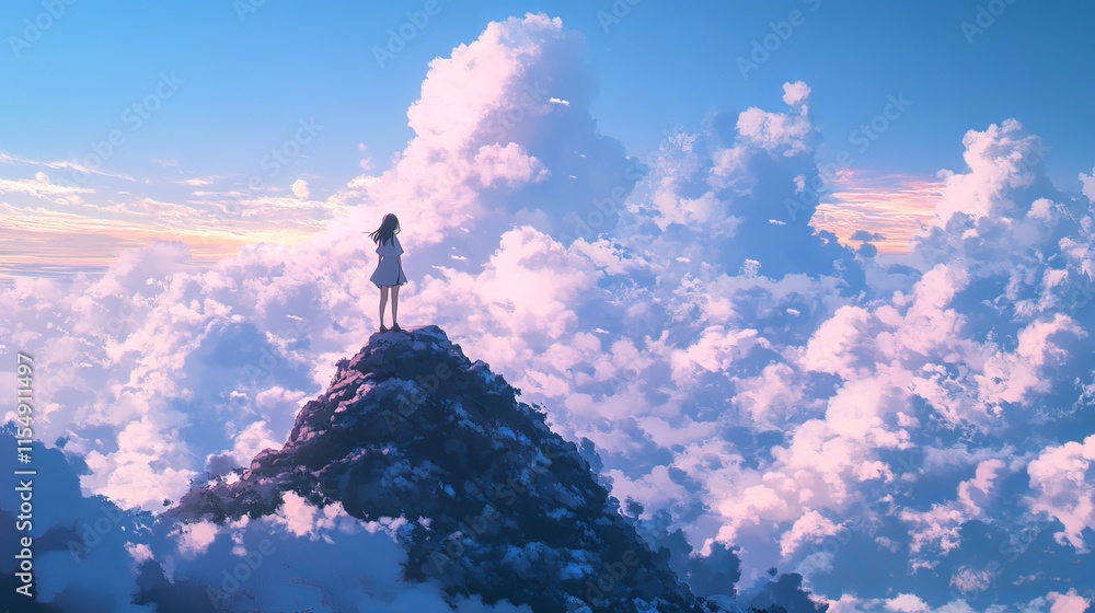 Graceful young woman ascending a majestic mountain under a dramatic cloud-filled sky, illustrated in vibrant japanese anime style