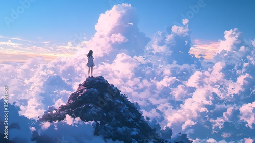 Obraz na płótnie Graceful young woman ascending a majestic mountain under a dramatic cloud-filled sky, illustrated in vibrant japanese anime style w salonie