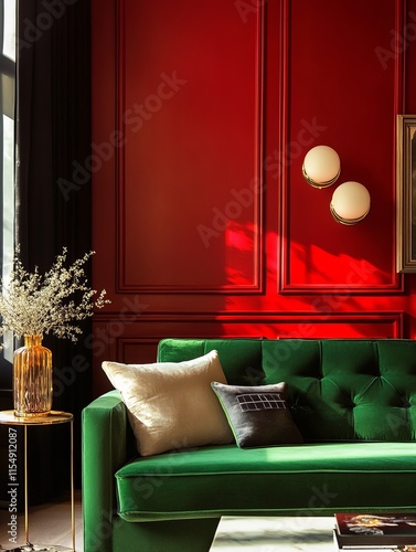 Green Velvet Sofa in a Red Walled Room