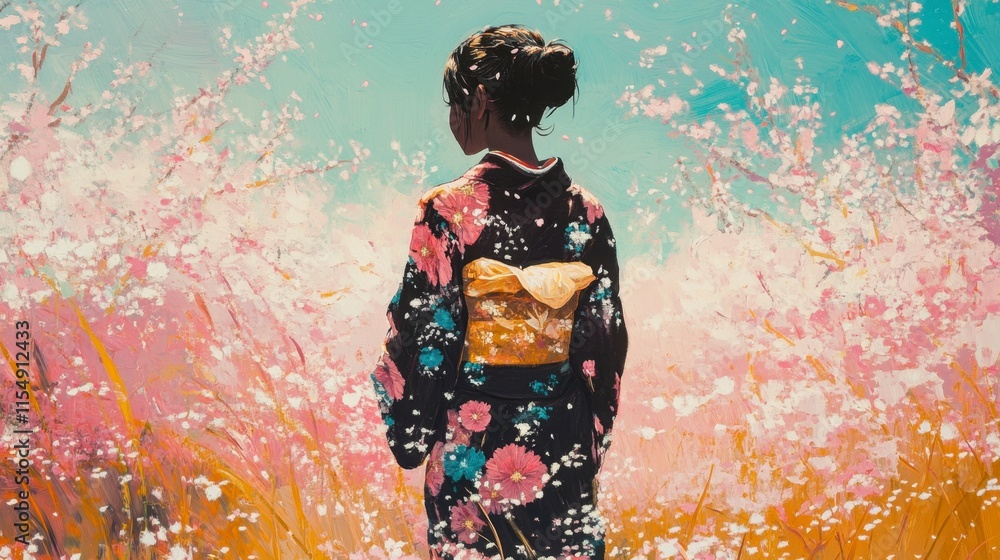 Fototapeta premium Contemplative Asian Woman in Kimono, Cherry Blossom Field