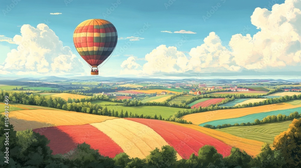 Fototapeta premium Joyful Couple Hot Air Balloon Ride Over Colorful Fields