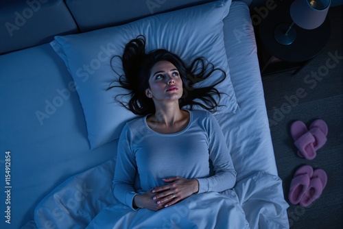 Woman lying in bed at night looking thoughtful and awake in dim light. photo