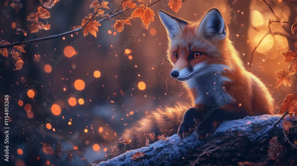 Obraz premium Red Fox Resting on Snowy Branch, Autumn Forest, Magical Glow
