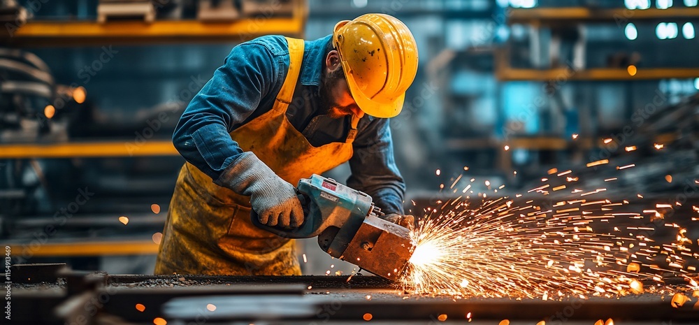 Worker using a power tool in an industrial setting, creating sparks. Worker using a power tool in an industrial setting, creating sparks.