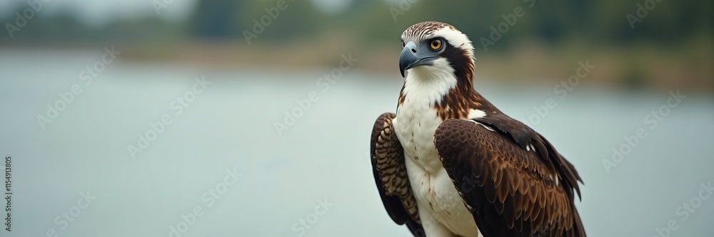 Obraz premium Majestic Osprey Standing Watch Over Still Waters With A Gaze That Commands Attention The Feathers Detailed In Rich Browns And Whites