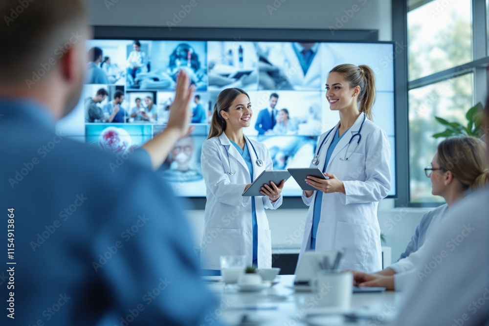 Fototapeta premium Medical professionals presenting in a business meeting with colleagues in a modern office environment.