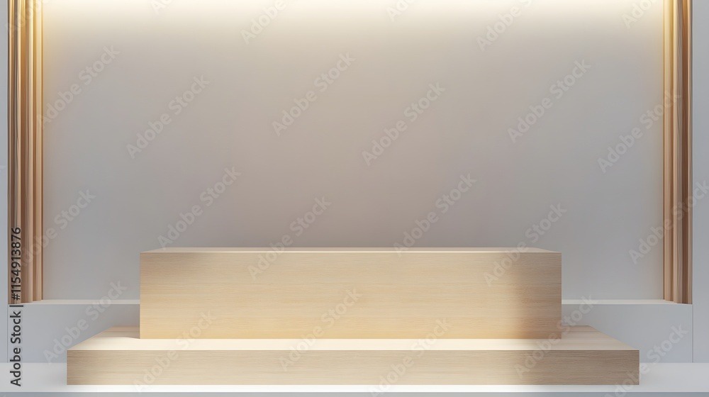 A minimalist podium with clean lines and a light wood texture, placed against a white background