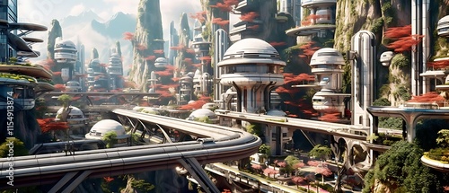 Futuristic city nestled amongst mountains and lush vegetation, showcasing advanced architecture and transportation systems.