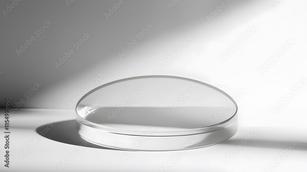 A polished glass podium reflecting soft light, against a simple white backdrop
