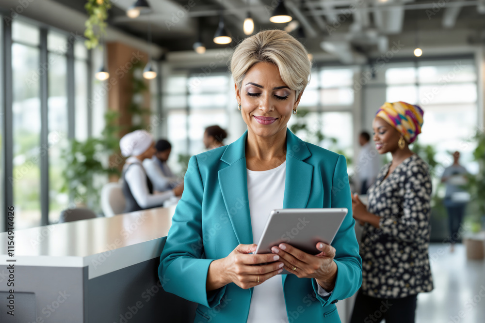 Fototapeta premium Professional woman using tablet in modern office setting.