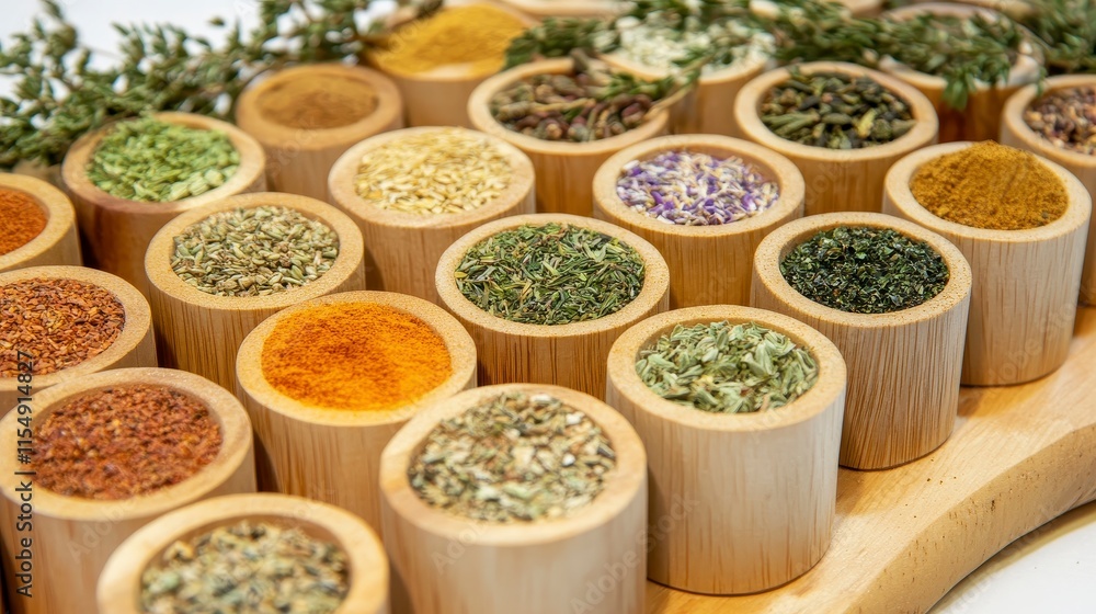 Assorted dried herbs and spices in small bamboo bowls on wooden board. Assorted dried herbs and spices in small bamboo bowls on wooden board.