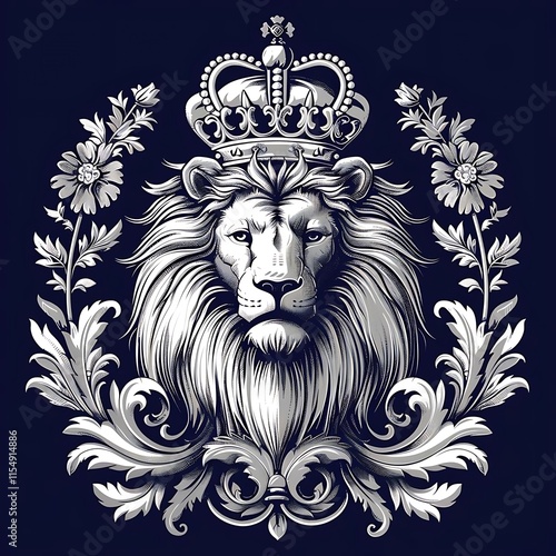 Silver lion head wearing a crown, surrounded by ornate floral details on a dark blue background.