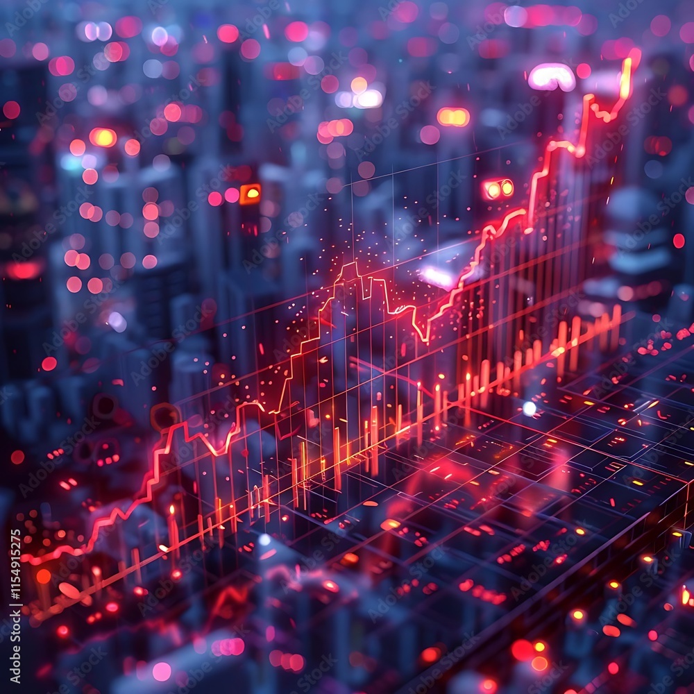 Obraz premium Futuristic cityscape with rising stock market graph.