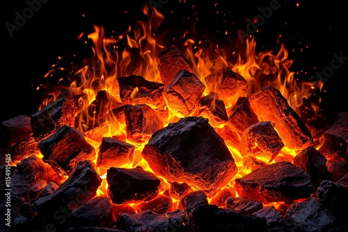 Close-up of glowing hot coal pieces with bright flames on a dark background. photo