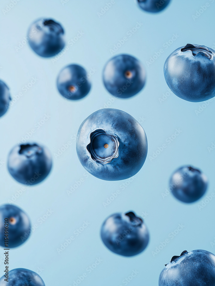 Lot of large juicy sweet blueberries levitating and falling to the table, blue background. Healthy food. Concept for juice, yogurt, cosmetics, advertising. Lot of large juicy sweet blueberries levitating and falling to the table, blue background. Healthy food. Concept for juice, yogurt, cosmetics, advertising.