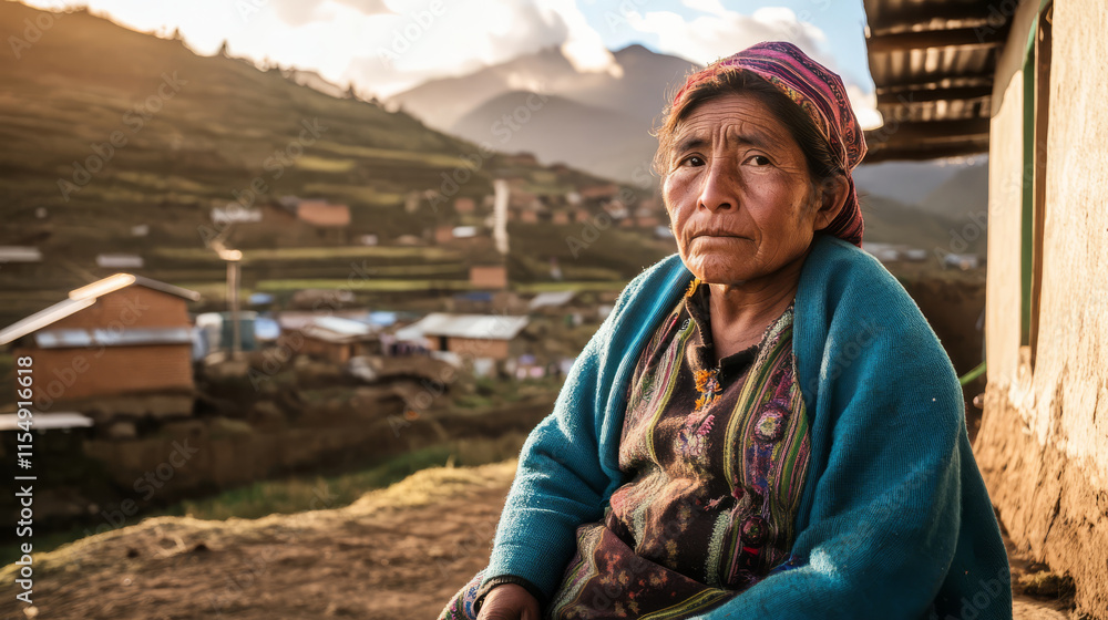 woman sitting in front of home, looking at camera, mountain background, traditional clothing, serene expression, rural setting, sunset light woman sitting in front of home, looking at camera, mountain background, traditional clothing, serene expression, rural setting, sunset light