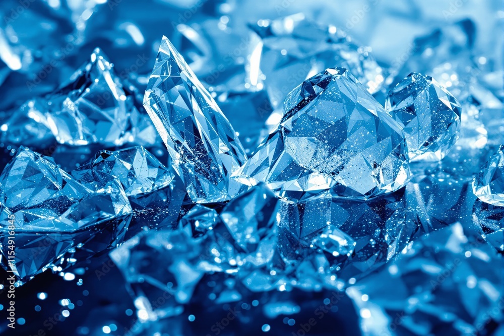 Close-up of sparkling blue diamonds on a reflective surface with a blurred blue background. Close-up of sparkling blue diamonds on a reflective surface with a blurred blue background.