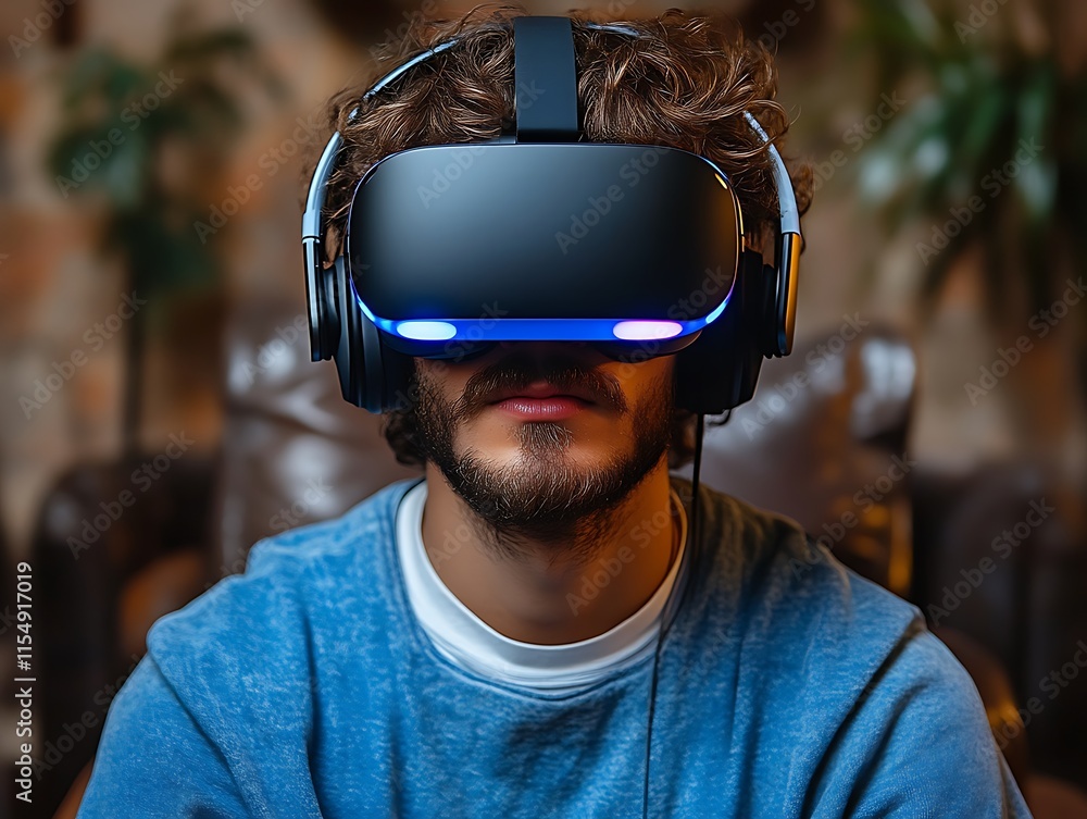 Man wearing VR headset, enjoying immersive experience. Man wearing VR headset, enjoying immersive experience.