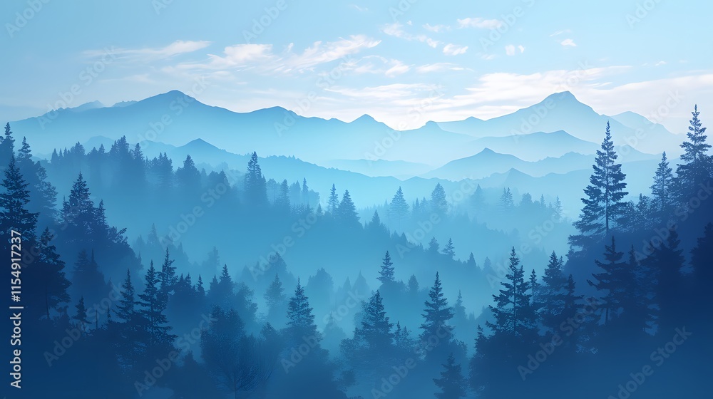 Fototapeta premium Mountain view with misty forest layers in the morning